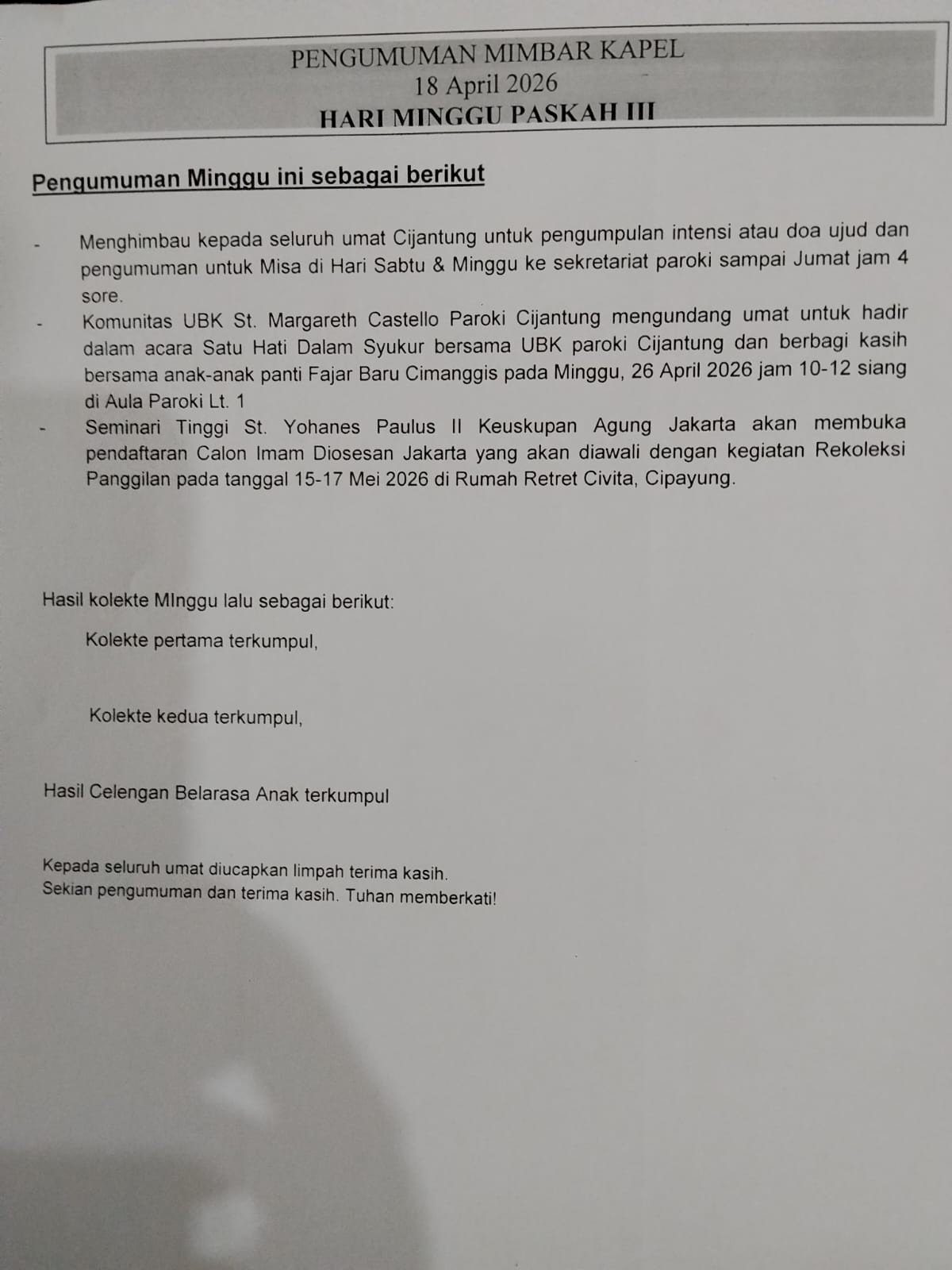 Pengumuman 18-19 April 2026