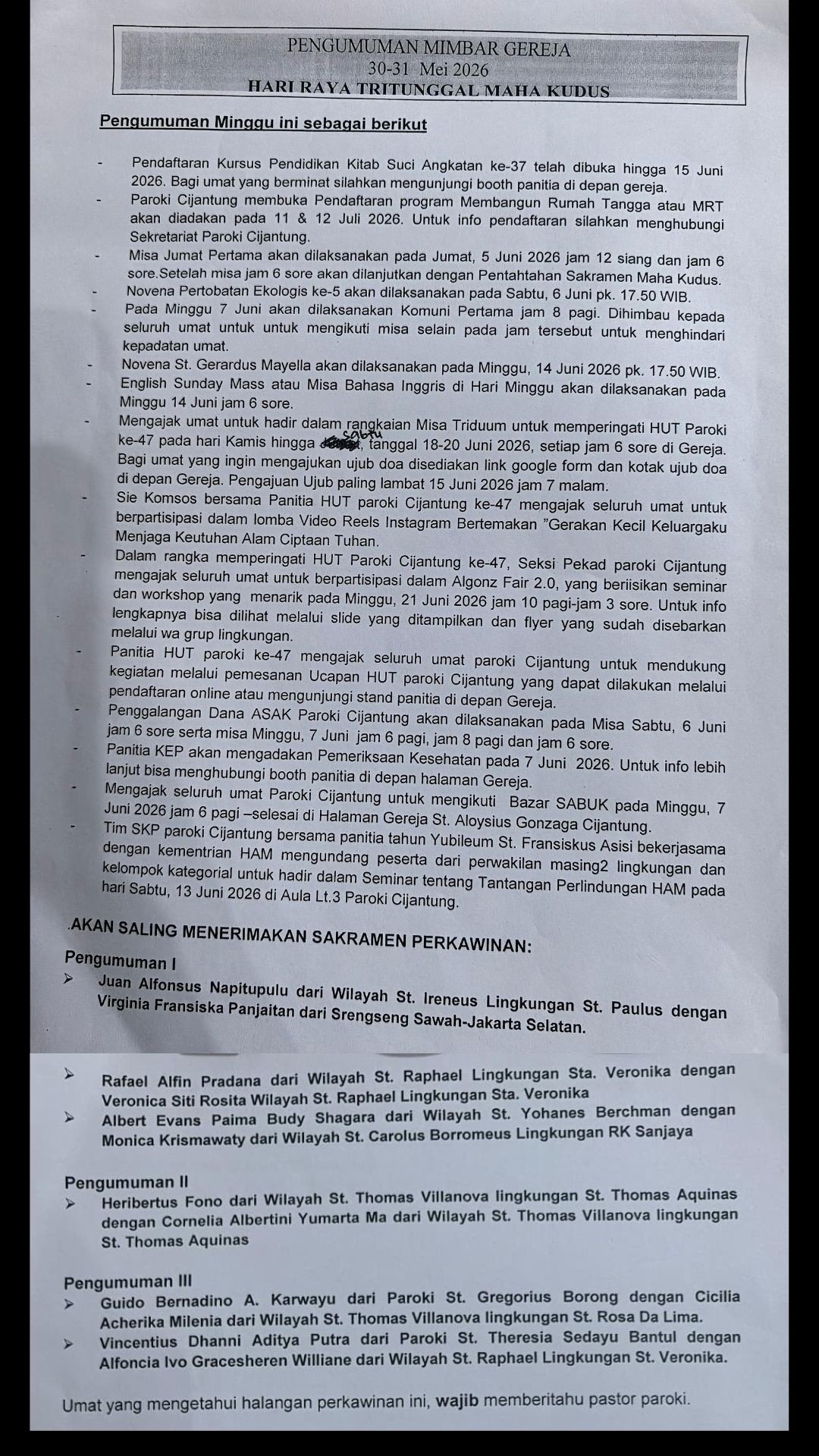 Pengumuman 30-31 Mei 2026